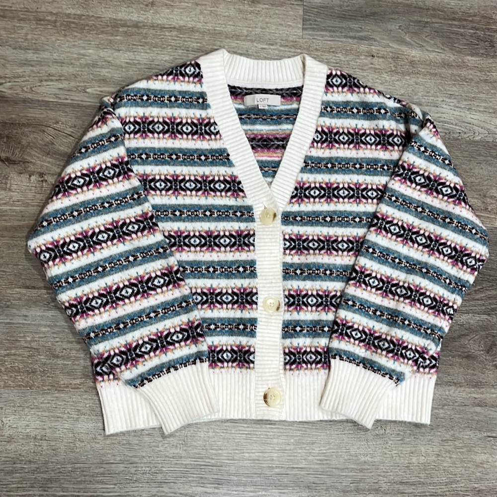LOFT Fair Isle Relaxed Cardigan Cozy Patterned V Neck Women’s Size Large